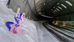 Size: 2048x1152 | Tagged: safe, derpibooru import, photographer:pakapaka1993, starlight glimmer, pony, unicorn, irl, japan, photo, plushie, snow, solo, tunnel, winter