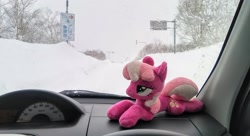 Size: 2048x1117 | Tagged: safe, derpibooru import, photographer:pakapaka1993, cheerilee, earth pony, pony, car, car interior, irl, japan, photo, plushie, snow, solo, winter