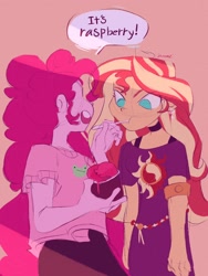 Size: 1536x2048 | Tagged: safe, artist:dreamz, derpibooru import, pinkie pie, sunset shimmer, equestria girls, belt, choker, clothes, cute, diapinkes, duo, ear piercing, earring, eating, female, food, ice cream, jeans, jewelry, lesbian, open mouth, pants, piercing, shimmerbetes, shipping, shirt, spoon, sunsetpie, t-shirt