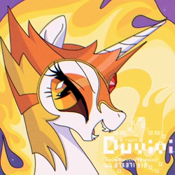 Size: 2000x2000 | Tagged: safe, artist:duvivi, derpibooru import, daybreaker, alicorn, pony, fangs, fire, lidded eyes, looking at you, smiling, solo