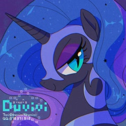 Size: 2000x2000 | Tagged: safe, artist:duvivi, derpibooru import, nightmare moon, alicorn, pony, lidded eyes, looking at you, smiling, solo