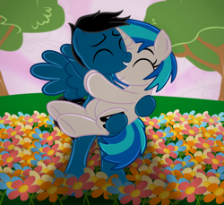 Size: 7200x6600 | Tagged: safe, artist:agkandphotomaker2000, derpibooru import, dj pon-3, vinyl scratch, oc, oc:pony video maker, pegasus, pony, unicorn, bipedal, canon x oc, carrying, carrying in arms, female, flower field, hearts and hooves day, holiday, hug, male, shipping, show accurate, spread wings, standing, straight, tree, valentine's day, videoscratch, wings