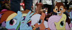 Size: 2556x1074 | Tagged: safe, derpibooru import, screencap, applejack, fluttershy, pinkie pie, rainbow dash, rarity, twilight sparkle, chipmunk, earth pony, human, pegasus, pony, unicorn, g4, augmented reality, cgi, chip and dale rescue rangers, chip n dale, crossover, disney, disney+, female, live action, male, mane six, mare, movie accurate, movie trailer, pony reference, spoiler, teaser