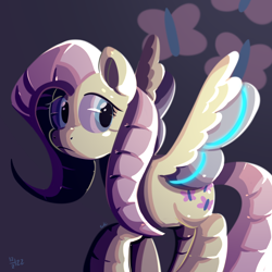 Size: 1024x1024 | Tagged: safe, artist:kukie, derpibooru import, fluttershy, pegasus, pony, robot, robot pony, blue eyes, cutie mark, cutie mark background, cybernetic wings, female, flutterbot, fluttershy's cutie mark, glowing, glowing wings, looking sideways, mare, pink mane, raised hoof, raised leg, roboticization, solo, spread wings, wings, yellow coat