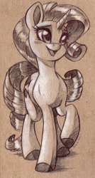 Size: 1280x2382 | Tagged: safe, artist:faline-art, derpibooru import, rarity, pony, unicorn, female, high res, mare, monochrome, open mouth, open smile, raised leg, smiling, solo, traditional art