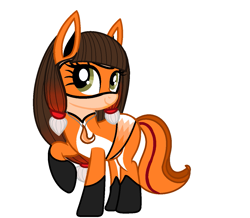 Size: 1253x1091 | Tagged: safe, artist:thebellajaydenart, derpibooru import, earth pony, pony, crossover, digital art, full body, jewelry, lila rossi, miraculous ladybug, necklace, raised hoof, raised leg, simple background, smiling, standing, superhero costume, volpina, white background