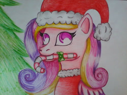 Size: 1600x1200 | Tagged: safe, artist:thebellajaydenart, derpibooru import, princess cadance, alicorn, candy, candy cane, christmas, christmas tree, clothes, costume, food, hat, holiday, santa costume, santa hat, solo, traditional art, tree
