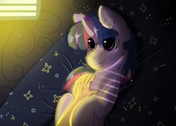 Size: 2800x2000 | Tagged: safe, artist:valkiria, derpibooru import, twilight sparkle, twilight sparkle (alicorn), alicorn, human, pony, bed, bellyrubs, blanket, cute, female, hand, mare, offscreen character, solo, twiabetes