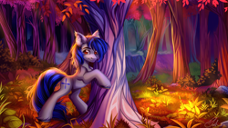 Size: 4444x2500 | Tagged: safe, artist:youth_roses, derpibooru import, oc, oc only, oc:aerial ace, earth pony, pony, autumn, bush, commission, ear fluff, ear tufts, ears, eyebrows, forest, grass, high res, looking at you, male, outdoors, smiling, smiling at you, solo, stallion, tree, unshorn fetlocks, wallpaper