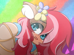 Size: 1280x961 | Tagged: safe, artist:grithcourage, derpibooru import, oc, earth pony, pony, cute, ear fluff, ears, female, flower, flower in hair, rainbow, simple background