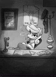 Size: 2520x3492 | Tagged: safe, artist:anontheanon, oc, oc only, oc:belle hop, earth pony, pony, black and white, cigarette, coat rack, crossed legs, desk, diploma, female, grayscale, hang in there, looking at you, mare, monochrome, poster, smoking, solo, telephone