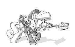 Size: 2570x1609 | Tagged: safe, artist:anontheanon, oc, oc only, oc:belle hop, earth pony, pony, backpack, bellhop, female, grayscale, mare, monochrome, mouth hold, simple background, solo, uniform, vacuum cleaner, white background