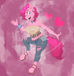 Size: 1946x2000 | Tagged: safe, artist:artmooons, artist:hipstertune, artist:moonswirlies, artist:moonswirly, artist:mooons, derpibooru import, pinkie pie, anthro, clothes, heart, jeans, pants, ripped jeans, ripped pants, simple background, solo, torn clothes, tube top, watermark