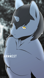 Size: 2160x3840 | Tagged: safe, artist:barnnest, oc, oc only, oc:syntiset, anthro, unicorn, anthro oc, black mane, blue coat, golden eyes, high angle, looking at you, looking up, looking up at you, male, muscles, solo, stallion, topless, watermark, white outline
