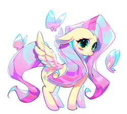 Size: 1384x1240 | Tagged: safe, artist:zzf211, derpibooru import, fluttershy, butterfly, pegasus, pony, blushing, cute, ears, female, floppy ears, mare, shyabetes, simple background, solo, white background