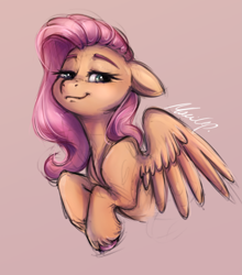 Size: 1631x1855 | Tagged: safe, artist:buttersprinkle, derpibooru import, fluttershy, pegasus, pony, colored sketch, female, looking at you, mare, pink background, simple background, smiling, smiling at you, smirk, smug, smug smile, solo