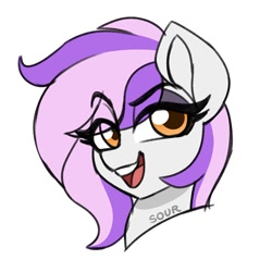 Size: 2000x2000 | Tagged: safe, artist:sickly-sour, derpibooru import, oc, oc only, pony, bust, eye clipping through hair, eyebrows, eyebrows visible through hair, lidded eyes, open mouth, open smile, portrait, signature, simple background, smiling, solo, two toned mane, white background