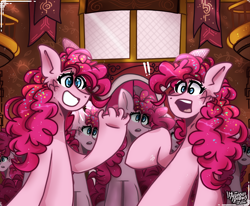 Size: 3400x2800 | Tagged: safe, artist:its_sunsetdraws, derpibooru import, pinkie pie, earth pony, pony, season 3, too many pinkie pies, cheek fluff, colored lineart, confetti, detailed, digital art, fanart, high res, poofy mane, screenshot redraw