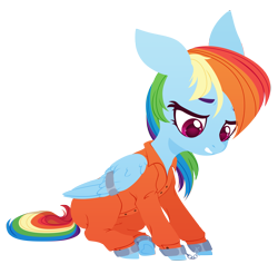 Size: 3171x3000 | Tagged: safe, artist:belka-sempai, derpibooru import, rainbow dash, pegasus, clothes, cuffed, cuffs, looking down, never doubt rainbowdash69's involvement, prison outfit, prisoner, prisoner rd, shackles, simple background, solo, transparent background, wing cuffs