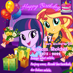 Size: 850x850 | Tagged: safe, derpibooru import, sunset shimmer, twilight sparkle, better together, equestria girls, anniversary, grin, happy birthday, indonesia, peace sign, rebecca shoichet, smiling