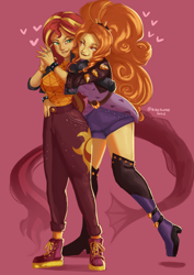 Size: 1240x1754 | Tagged: safe, artist:nire, derpibooru import, adagio dazzle, sunset shimmer, equestria girls, bedroom eyes, boots, clothes, duo, duo female, embrace, eyeshadow, female, high heel boots, holding hands, hug, hug from behind, jacket, lesbian, lipstick, looking at each other, looking at someone, makeup, nail polish, shipping, shoes, shorts, smiling, spiked headband, spiked wristband, sunsagio, tail, wristband