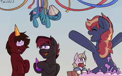 Size: 2238x1408 | Tagged: safe, artist:beefgummies, derpibooru import, oc, oc only, oc:alatar doom, oc:beefgummies, oc:fat jellyfish, oc:sweeden, oc:the magical pony dude, earth pony, pegasus, pony, unicorn, apple bobbing, barrel, birthday, curly hair, curly mane, eyes closed, food, frosting, hat, lampshade, lampshade hat, laughing, lidded eyes, ocs everywhere, party, party hat, popping out of a cake, streamers, two toned mane, wingding eyes