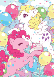 Size: 629x900 | Tagged: safe, artist:celesse, derpibooru import, idw, pinkie pie, surprise, earth pony, pegasus, pony, g1, g4, balloon, comic, confetti, cover, duo, g4 to g1, generation leap, generational ponidox, my little pony: generations