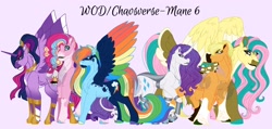 Size: 1978x944 | Tagged: safe, artist:teonnakatztkgs, derpibooru import, applejack, fluttershy, pinkie pie, rainbow dash, rarity, twilight sparkle, twilight sparkle (alicorn), alicorn, earth pony, pegasus, pony, unicorn, alternate design, female, mane six, mare, pink background, simple background