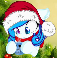 Size: 1019x1054 | Tagged: safe, artist:yulianapie26, derpibooru import, oc, oc only, earth pony, pony, base used, bust, christmas, eyelashes, female, hat, heart eyes, heterochromia, holiday, mare, mug, santa hat, solo, wingding eyes