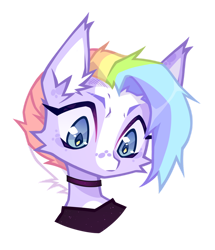 Size: 1024x1188 | Tagged: safe, artist:miioko, derpibooru import, oc, oc only, pony, bust, choker, clothes, ear fluff, ears, multicolored hair, rainbow hair, simple background, solo, transparent background