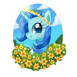 Size: 4000x4000 | Tagged: safe, artist:kaikururu, derpibooru import, oc, oc only, pony, unicorn, blushing, bust, commission, female, floral head wreath, flower, mare, outdoors, simple background, transparent background, ych result