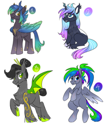 Size: 5000x6000 | Tagged: safe, artist:kaikururu, derpibooru import, oc, oc only, alicorn, bat pony, pegasus, pony, unicorn, alicorn oc, bat pony oc, bat wings, horn, male, pegasus oc, raised hoof, raised leg, simple background, stallion, unicorn oc, white background, wings