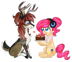 Size: 4300x3700 | Tagged: safe, artist:kaikururu, derpibooru import, oc, oc only, deer, earth pony, pony, antlers, breasts, cake, deer oc, duo, eyelashes, food, headphones, neckerchief, oc x oc, shipping, simple background, transparent background