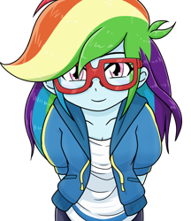 Size: 640x740 | Tagged: safe, alternate version, artist:batipin, derpibooru import, rainbow dash, equestria girls, arm behind back, cute, dashabetes, glasses, looking at you, simple background, solo, transparent background