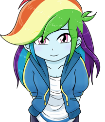 Size: 640x740 | Tagged: safe, alternate version, artist:batipin, derpibooru import, rainbow dash, equestria girls, arm behind back, cute, dashabetes, looking at you, simple background, solo, transparent background