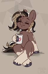 Size: 1496x2311 | Tagged: safe, artist:sugarstar, derpibooru import, oc, oc only, oc:coco powder, pony, unicorn, cup, eyes closed, female, mare, sitting, smiling, solo