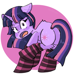 Size: 1280x1280 | Tagged: safe, artist:lolettecore, derpibooru import, twilight sparkle, unicorn twilight, pony, unicorn, abstract background, anime, arched back, butt, chibi, clothes, cute, female, hooves, horn, mare, open mouth, plot, raised leg, shading, simple background, socks, solo, striped socks, tail, twibutt, white background