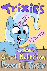 Size: 874x1319 | Tagged: safe, artist:pony-thunder, derpibooru import, trixie, pony, unicorn, bowl, cereal box, eyelashes, female, horn, magic, mare, open mouth, open smile, simple background, smiling, solo, spoon, telekinesis, text, yellow background