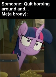 Size: 616x856 | Tagged: safe, derpibooru import, screencap, twilight sparkle, twilight sparkle (alicorn), alicorn, pony, my little pony: the movie, angry, annoyed, brony, female, food, glare, meme, solo, twilight sparkle is not amused, unamused