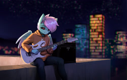 Size: 4466x2827 | Tagged: safe, artist:mrscroup, derpibooru import, oc, oc only, oc:#c0ffee, anthro, pegasus, amplifier, city, cityscape, clothes, cute, electric guitar, guitar, high res, hoodie, male, musical instrument, ocbetes, pegasus oc, rooftop, solo