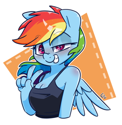 Size: 1500x1529 | Tagged: safe, artist:lou, derpibooru import, rainbow dash, anthro, pegasus, bust, eyebrows, eyebrows visible through hair, female, grin, nose wrinkle, outline, peace sign, signature, simple background, smiling, solo, transparent background, white outline