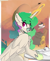 Size: 3615x4389 | Tagged: safe, artist:therealf1rebird, derpibooru import, princess celestia, alicorn, pony, book, coffee, cute, glasses, looking at you, solo