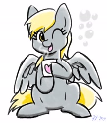 Size: 1787x2048 | Tagged: safe, artist:slfreargb1klh2c, derpibooru import, derpy hooves, pegasus, pony, cup, cutie mark, female, heart, looking at you, mare, mug, one eye closed, open mouth, open smile, simple background, sitting, smiling, smiling at you, solo, steam, white background, wink, winking at you