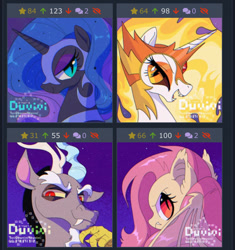 Size: 750x799 | Tagged: safe, artist:duvivi, derpibooru import, daybreaker, discord, fluttershy, nightmare moon, alicorn, bat pony, bat ponified, derpibooru, flutterbat, juxtaposition, juxtaposition win, meme, meta, race swap, species swap, stars