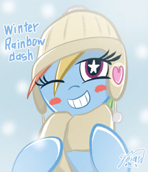 Size: 2126x2455 | Tagged: safe, artist:garammasara, derpibooru import, rainbow dash, pegasus, pony, blush sticker, blushing, bust, clothes, female, grin, hat, high res, looking at you, mare, one eye closed, scarf, signature, smiling, smiling at you, solo, starry eyes, stars, text, wingding eyes, wink, winking at you, winter outfit