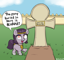 Size: 1880x1768 | Tagged: safe, artist:heretichesh, derpibooru import, oc, oc only, oc:mummydew, earth pony, pony, ankh, female, filly, foal, grave, gravestone, headband, pointing, solo, speech bubble, talking to viewer