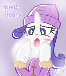 Size: 1774x2048 | Tagged: safe, artist:garammasara, derpibooru import, rarity, pony, unicorn, blush sticker, blushing, bust, clothes, female, hat, heart, mare, open mouth, purple background, signature, simple background, solo, starry eyes, stars, text, wingding eyes, winter, winter hat, winter outfit