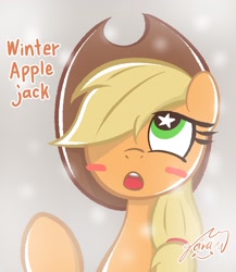 Size: 1774x2048 | Tagged: safe, artist:garammasara, derpibooru import, applejack, earth pony, pony, applejack's hat, blush sticker, blushing, bust, clothes, cowboy hat, female, hair over one eye, hat, looking up, mare, open mouth, signature, simple background, solo, starry eyes, stars, text, wingding eyes, winter