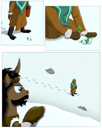 Size: 3000x3750 | Tagged: safe, artist:cactuscowboydan, derpibooru import, oc, human, unicorn, comic, hand, human oc, plant, snow, spying