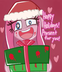 Size: 2126x2455 | Tagged: safe, artist:garammasara, derpibooru import, pinkie pie, earth pony, pony, blood, blood stains, bust, christmas, female, happy holidays, hat, heart, heart background, holiday, looking at you, mare, open mouth, open smile, pinkamena diane pie, present, santa hat, shrunken pupils, smiling, smiling at you, solo, starry eyes, stars, text, wingding eyes